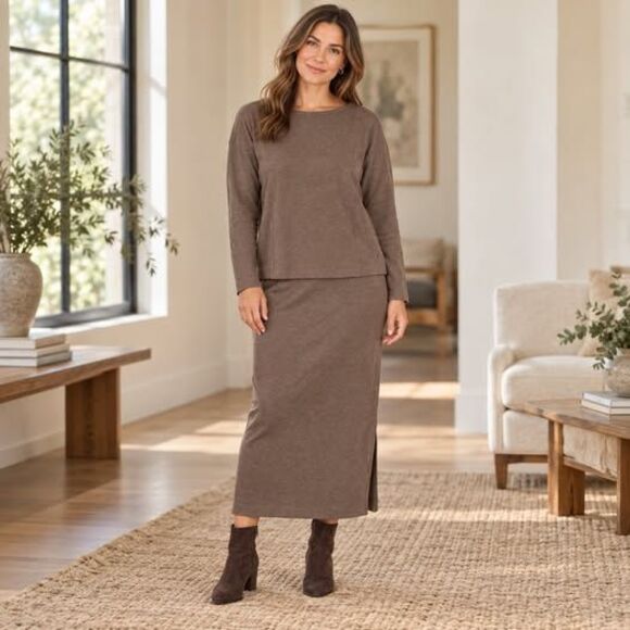 J. Jill Other - J Jill Pure Jill Top Skirt Set Large Mocha Brown Textured Knit Maxi Minimalist